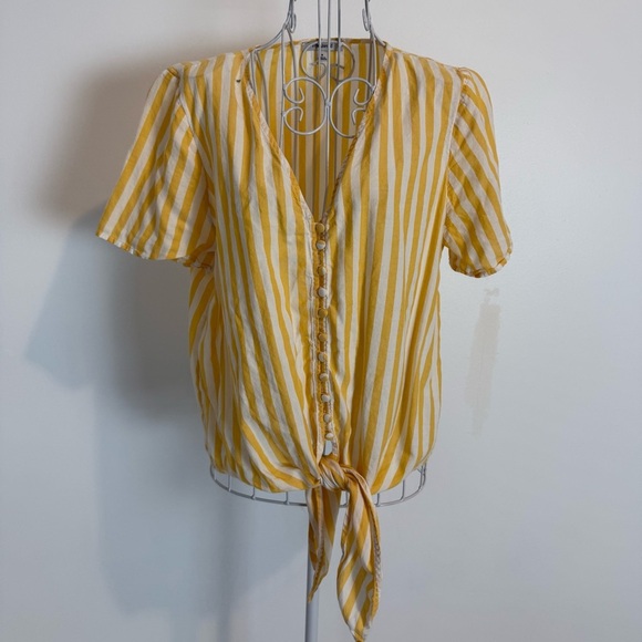 Madewell Agency Tie-Front Button Top Pompano Stripe cotton SZ M white yellow - Picture 2 of 9
